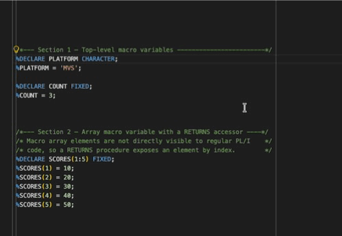 Hovering over a macro variable and an array shows the resolved type, dimensions, and current values