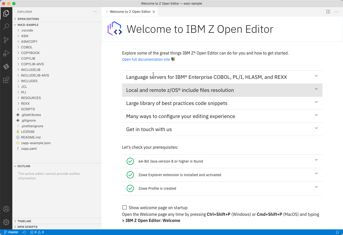 Z Open Editor Welcome page