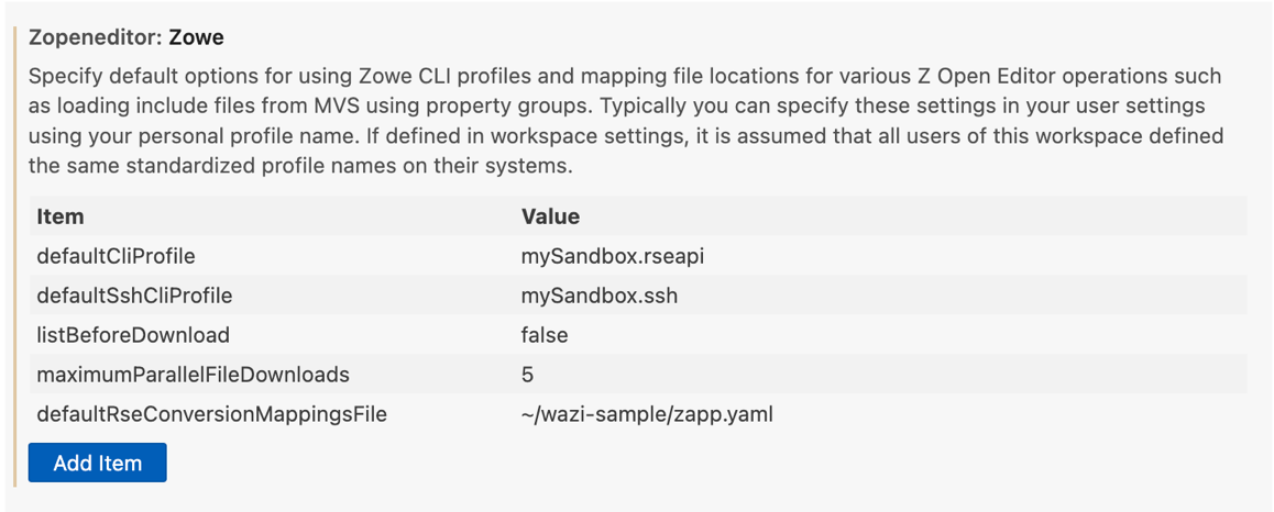 VS Code Settings editor for zopeneditor.zowe